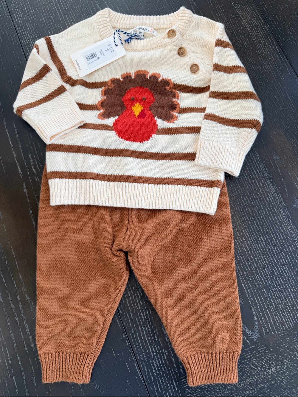 Kids Cream & Brown Striped Knit Matching Set with Turkey Motif 6M